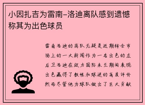 小因扎吉为雷南-洛迪离队感到遗憾 称其为出色球员